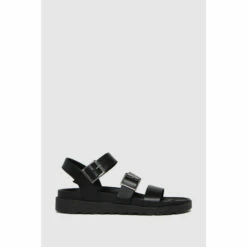 Schuh Black Chaser Leather Chunky Buckle Sandals